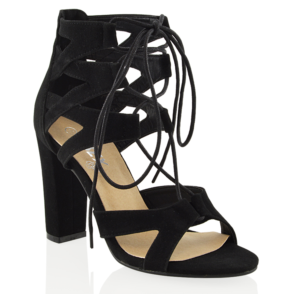 lace up cutout chunky heel sandals